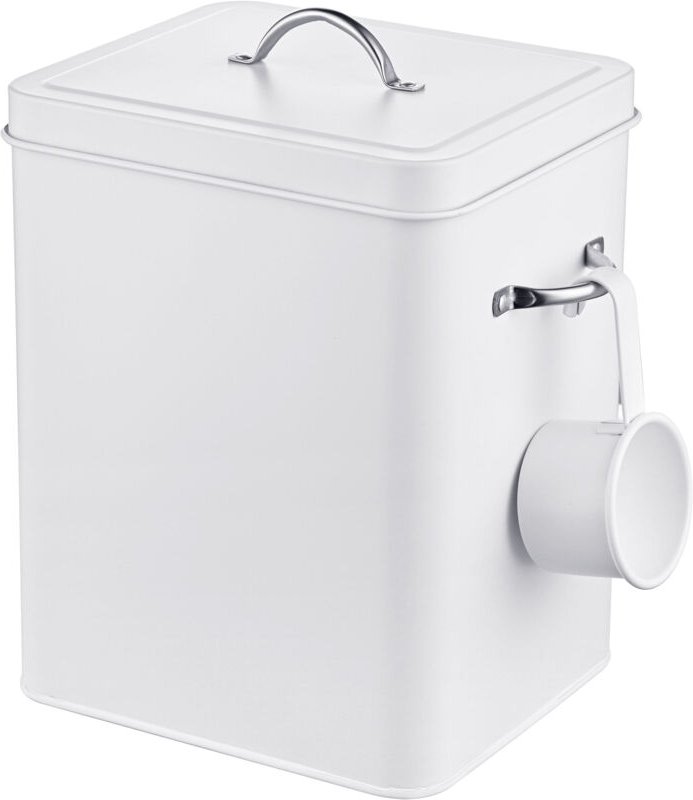 Relaxdays Waschmittelbox 6L, Metall, Waschpulverdose mit Dosierlöffel, Retro-Design, Tierfutterbehälter Deckel, weiß