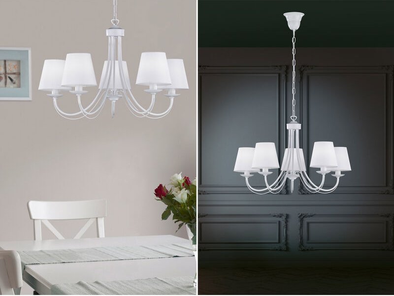 5 flammiger LED Kronleuchter mit Stoffschirmen in Weiß matt, Ø 70cm