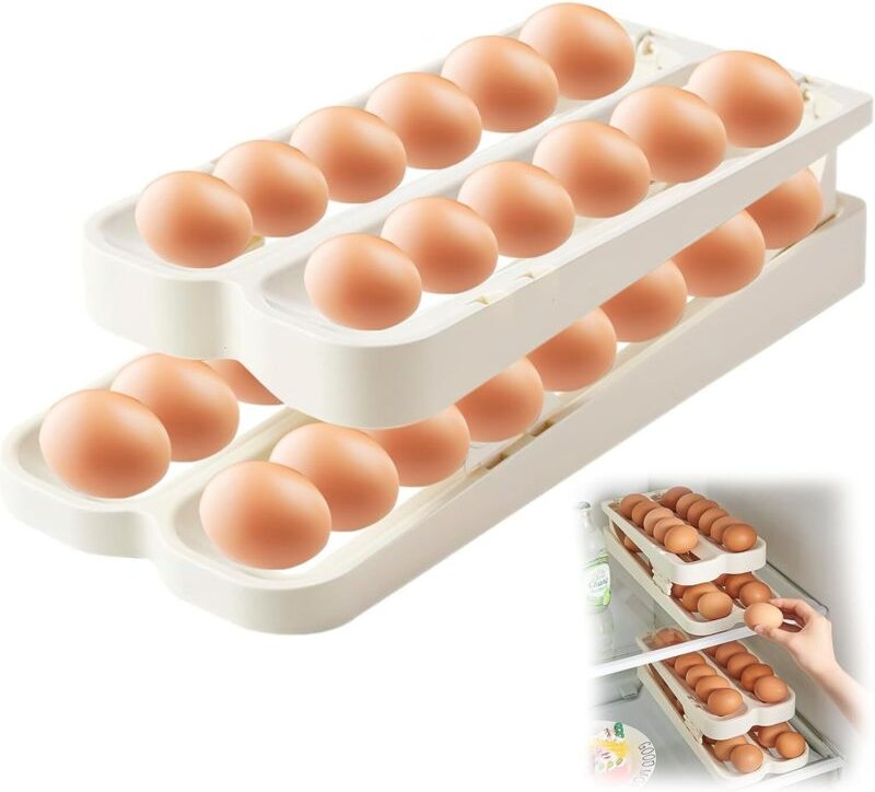 Eierablage für den Kühlschrank – 2 Ebenen – Selbstrollende Eierablage – Stapelbarer Eierorganizer zur Eieraufbewahrung –...