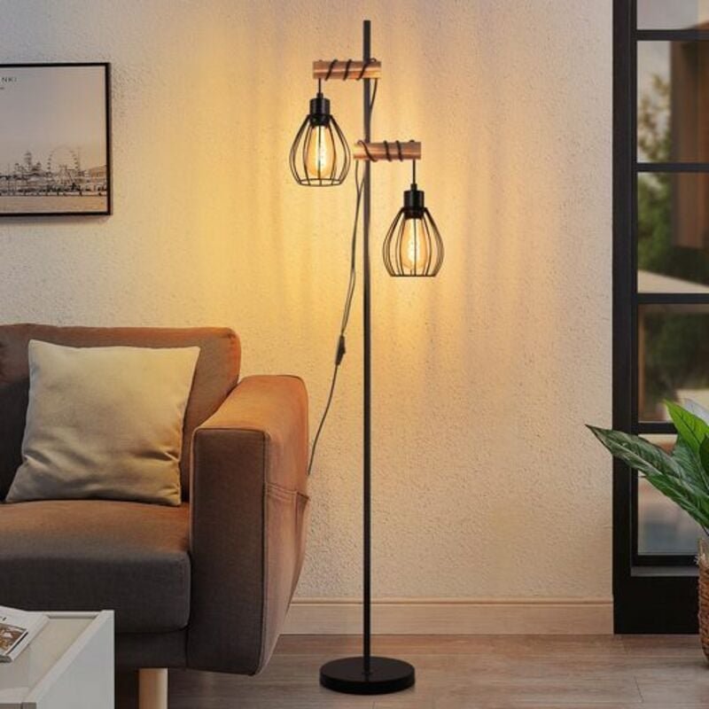 Gbly Stehlampe Schwarz Stehleuchte Wohnzimmer Holz - Vintage Standleuchte 2 flammig im Industrial Design aus Metall mit ...