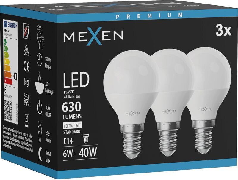 Mexen Nova 3x LED-Birne E14, G45, 6W, Neutral - 4000K, 630 lm - L101-E14-0640-01x03