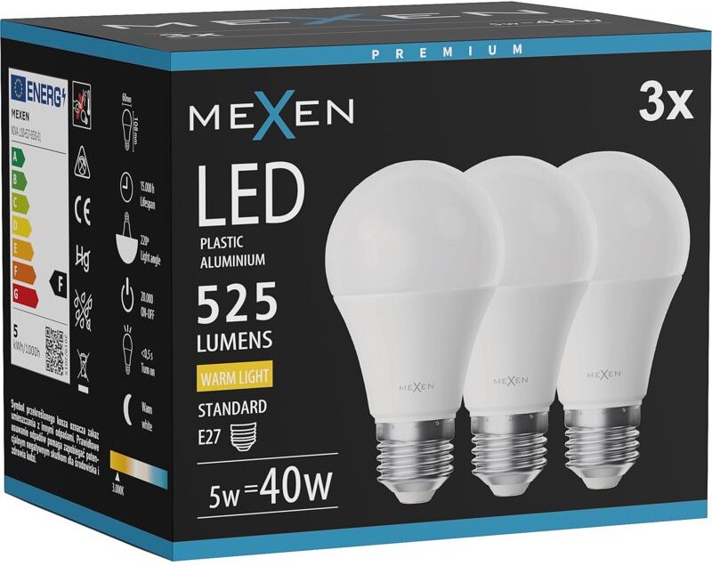Mexen Nova 3x LED-Glühlampe E27, A60, 5W, Warm - 3000K, 525 lm - L100-E27-0530-01x03