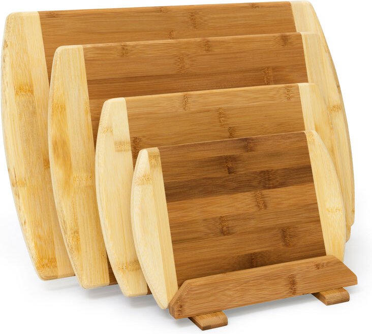 Relaxdays - Schneidebrett, aus Bambus, 4er Set mit Ständer, Küchenbretter in verschiedenen Größen, Servierbrett, natur