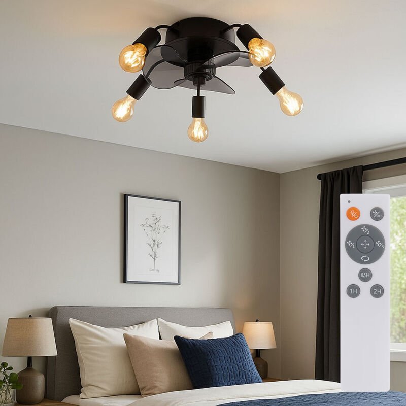 Deckenventilator Vor-Rücklauf Ventilator Fernbedienung Timer Lüfter Wohnzimmer 3-Stufen, schwarz rauch, 5x E27 Fassung, ...