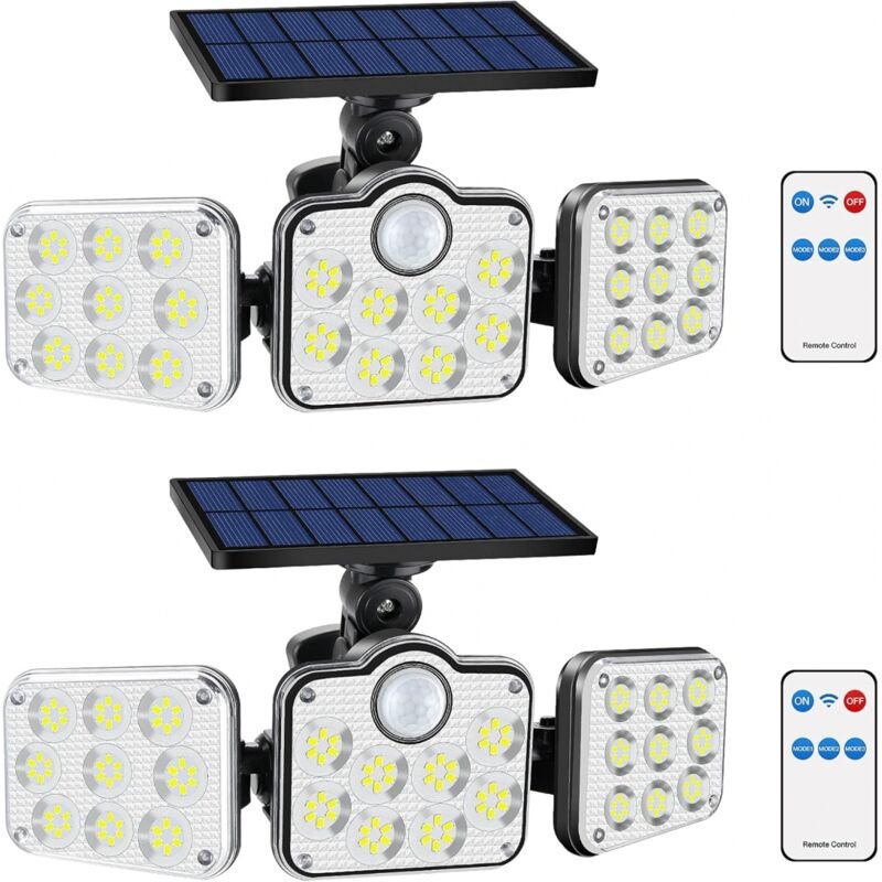 Set mit 2 Solar-Flutlichtstrahlern für den Außenbereich, 138 LEDs, 2200 lm, mit Fernbedienung, wasserdicht (IP65), 3 ver...