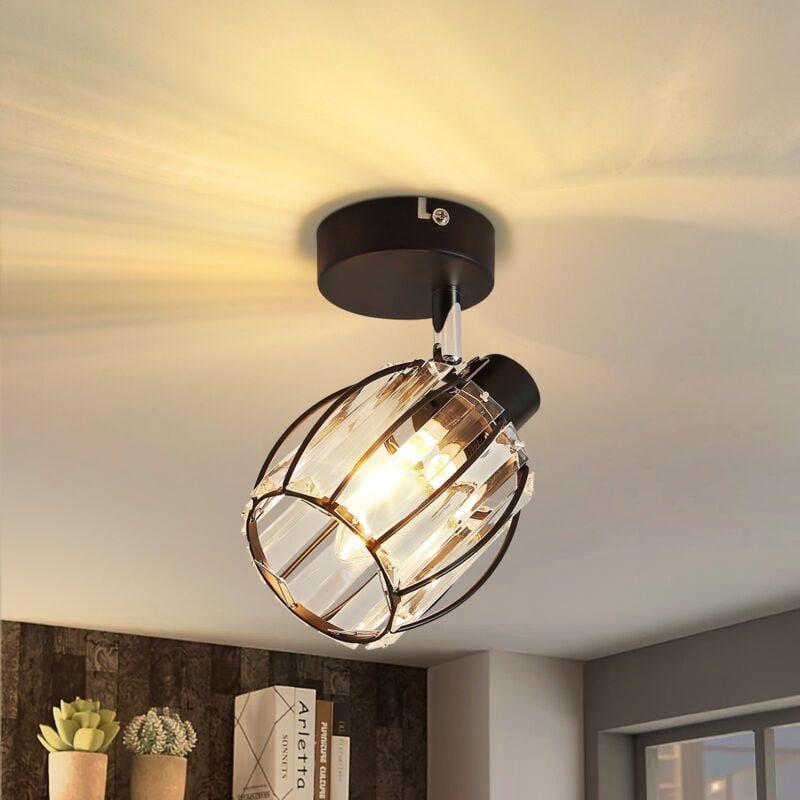 Deckenstrahler Flur Deckenspot Vintage - Deckenleuchte 1 Flammig Kristall Lampenschirm E14 Industrial Strahler Schwarz 3...