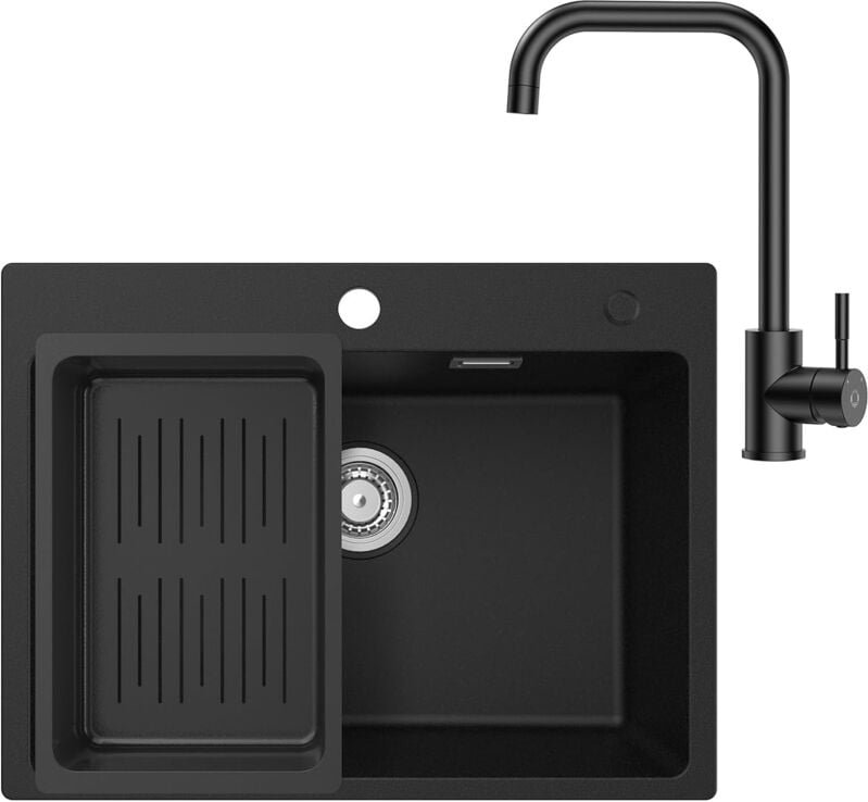 CECIPA Fregadero Cocina 1 Seno 60 x 45 cm con Grifo Negro, Fregadero Negro 1 Seno con Cestillo Colador, Fregadero de Gra...