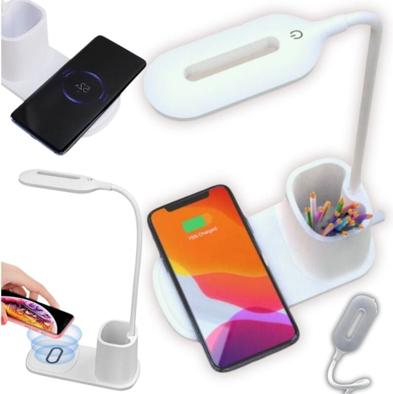 Induktives Ladegerät, LED-Schreibtischlampe, Behälter weiß, Kabel, verstellbar