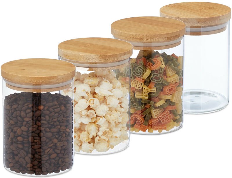 Relaxdays Vorratsgläser mit Bambusdeckel, 4er Set, kleine Vorratsdosen aus Glas, 750 ml, luftdicht, transparent/natur