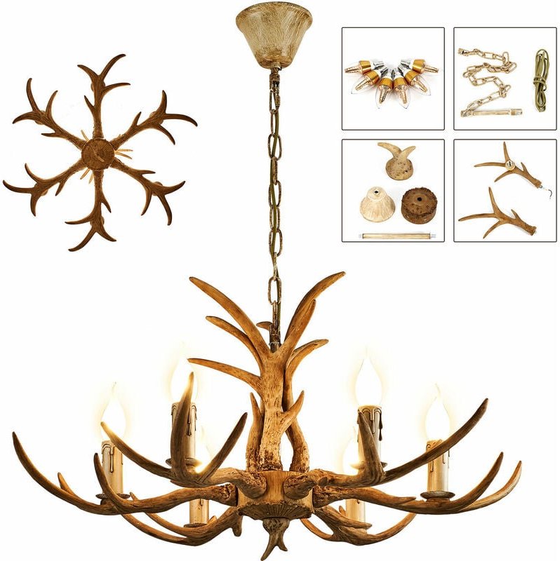 Senderpick - Geweih Kronleuchter Vintage Style Harz 6 Lichter Geweih Hirschgeweih Lampe Deckenleuchte Beleuchtung Hängel...