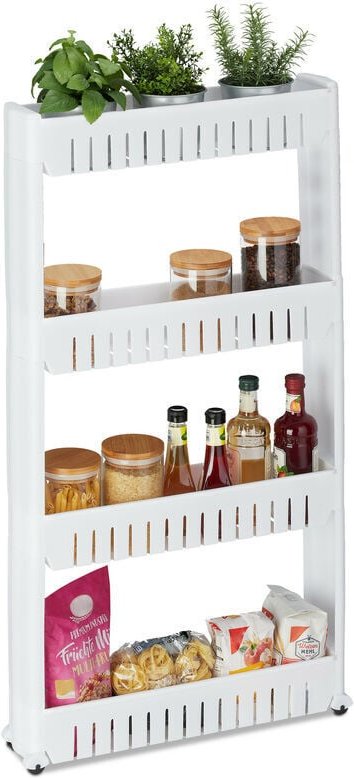 Nischenwagen, 4 Ablagen, schmales Nischenregal für Bad & Küche, HBT 101x12,5x54 cm, Rollregal Kunststoff, weiß