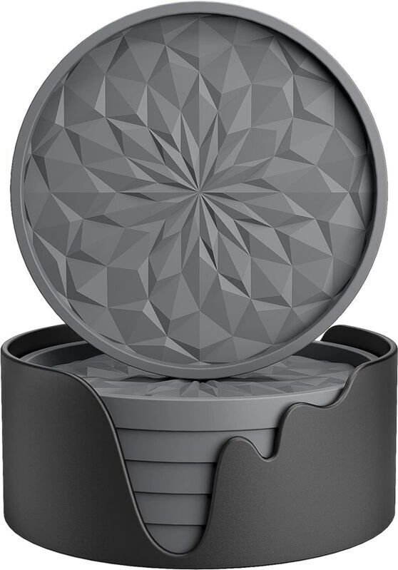 Silikon-Untersetzer mit Halter für heiße oder kalte Getränke, dick, rutschfest, tiefes Tablett, schwarz, 6er-Set