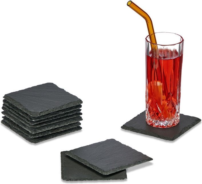 Thumbnail - Relaxdays - Schiefer Untersetzer, 10er Set, eckige Glasuntersetzer, 10x10 cm, Raclette- & Getränkeuntersetzer, anthrazit