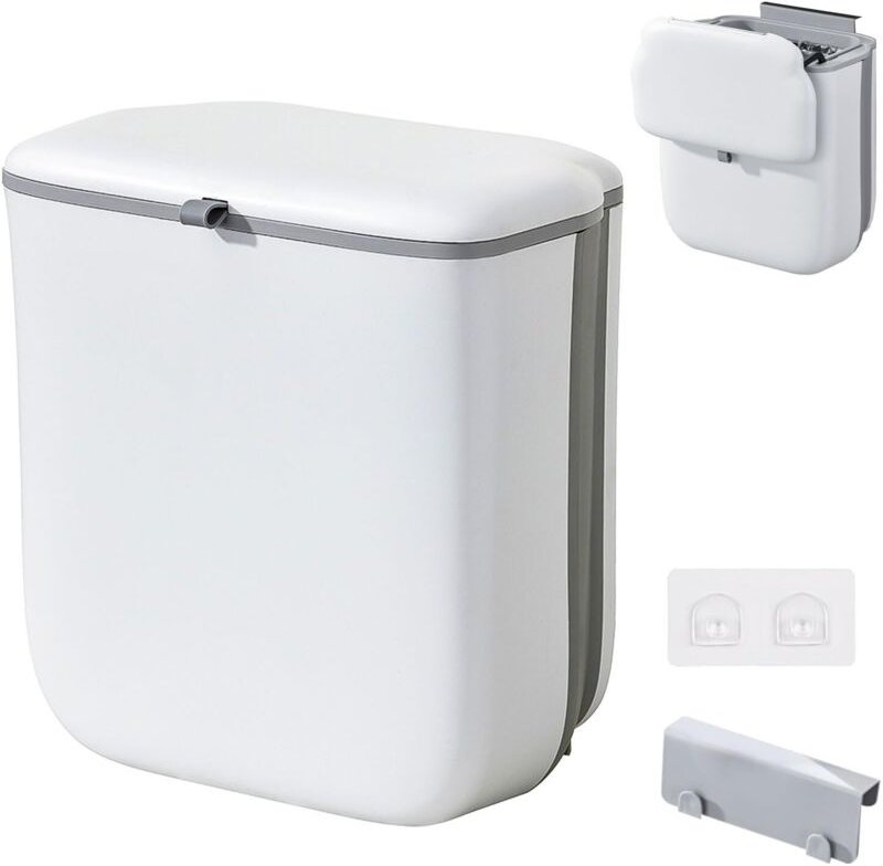 Hängender Küchenmülleimer, 10 l faltbarer Kunststoff-Türeimer mit Deckel, Wandmontage-Mülleimer für Küche, Camping, Wohn...