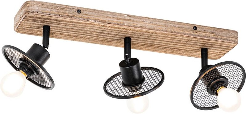 Industrieller Deckenstrahler schwarz mit Holz 3-flammig - Jasmijn