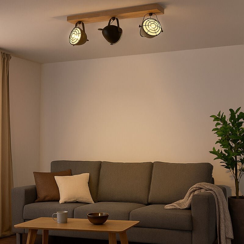 Deckenlampe schwarz Wohnzimmerleuchte Landhaus Deckenstrahler 3-flammig Holzlampe, schwenkbare Spotleiste, Metall matt, ...