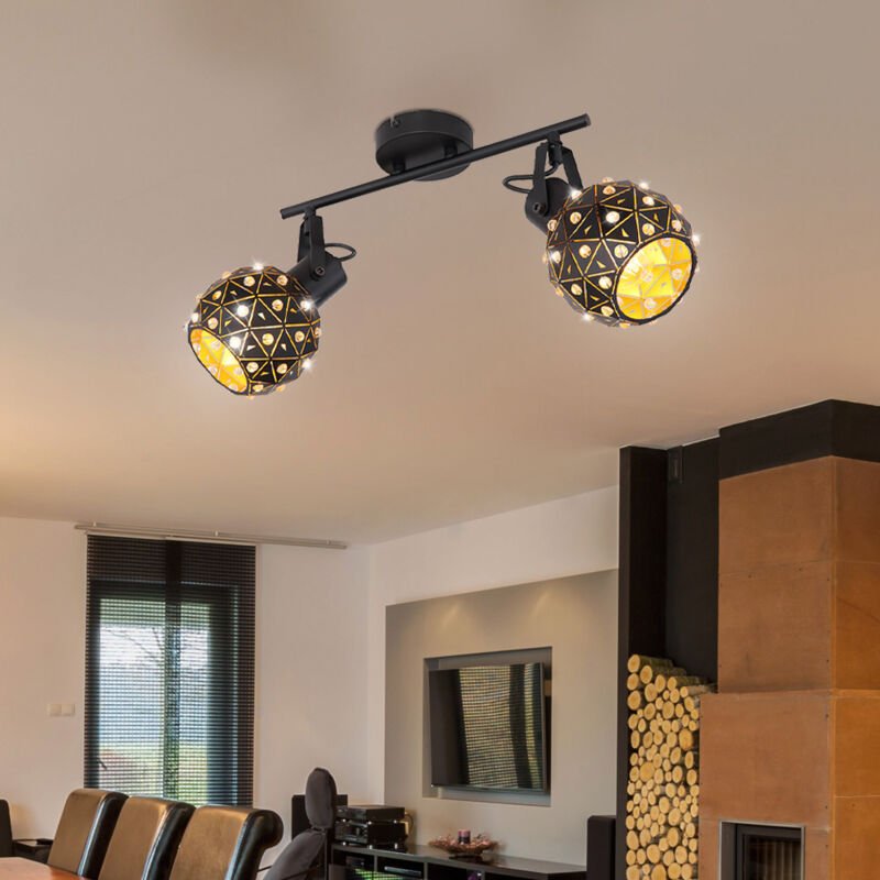 Globo - Deckenleuchte 2-flammig Metall Kristalle Esszimmer Design Deckenlampe mit beweglichen Spots, Metall schwarz gold...