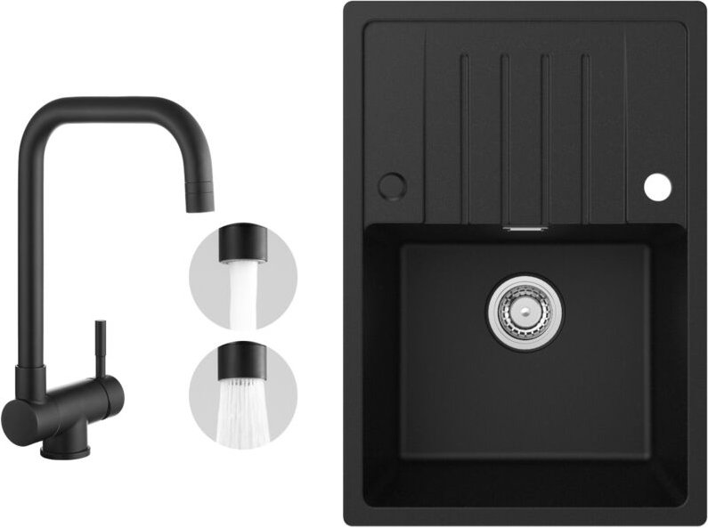 Cecipa Max - Küchenspüle 65x45cm Granitspüle Anthrazitschwarz Mit Abtropffläche + Fenster-Küchenarmatur Schwarz Hohe 355...