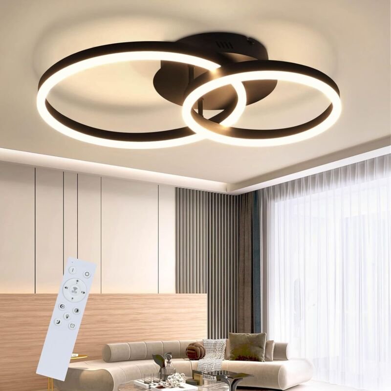 Led Deckenlampe Dimmbar Deckenleuchte Wohnzimmer Schwarz Wohnzimmerlampe Modern Schlafzimmerlampe 46W 2-Ringen für Schla...