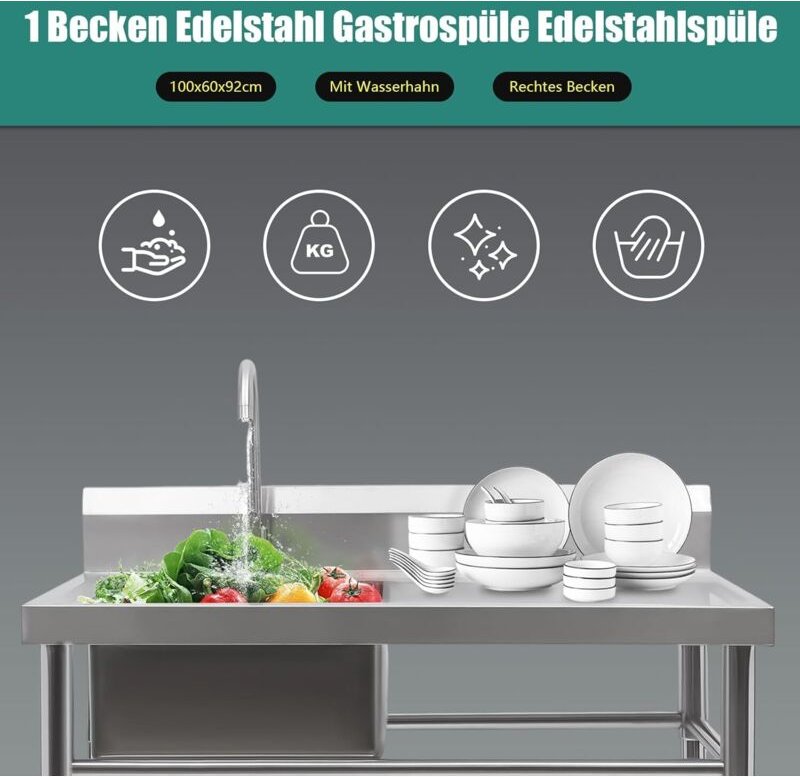 Edelstahl Küchenspüle Spültisch 1 Becken Rechts Gastrospüle Waschtisch Multifunktionswaschtisch Edelstahl Waschtisch Spü...