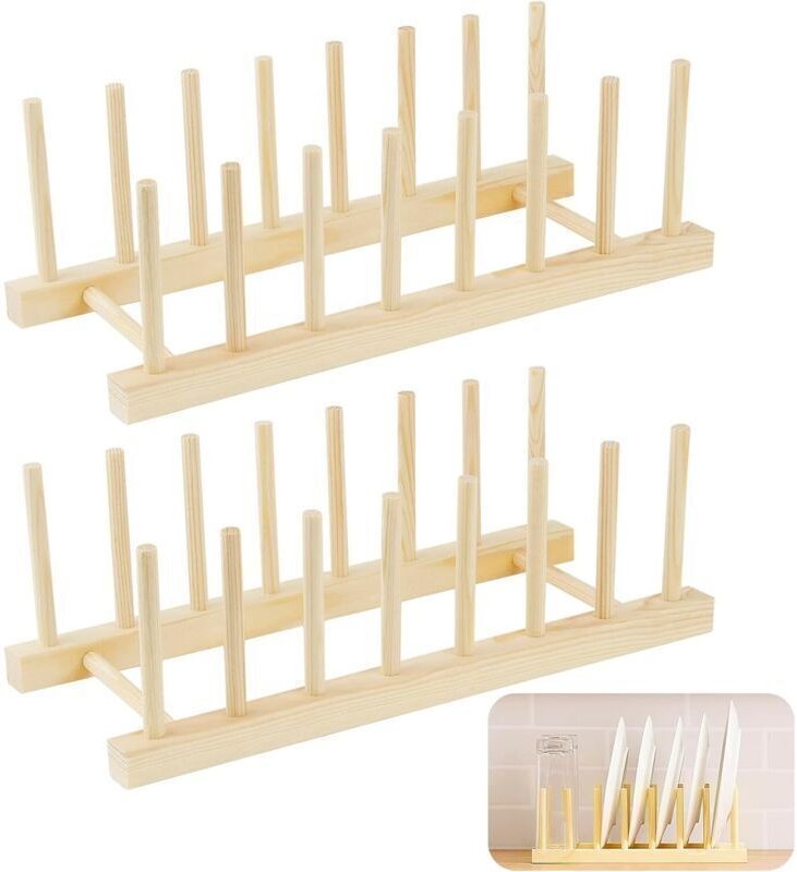 2er-Set Tellerhalter aus Holz, Geschirrablage, Abtropfgestell für Küchenarbeitsplatte, Bücher, Weingläser
