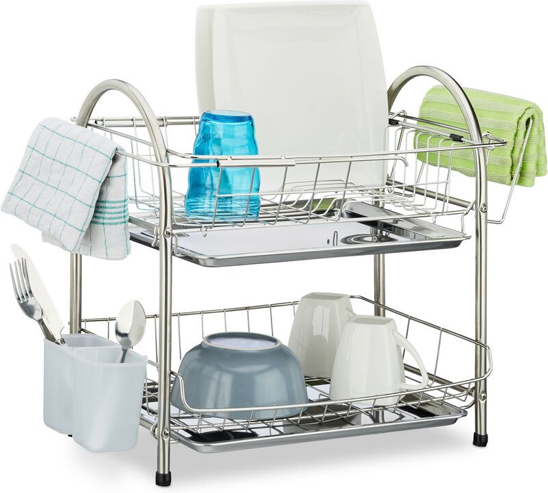 Abtropfgestell 2 Etagen, Besteckhalter Abtropfgitter Abtropfschale, Edelstahl HxBxT: 39,5 x 60 x 28 cm, silber - Relaxda...