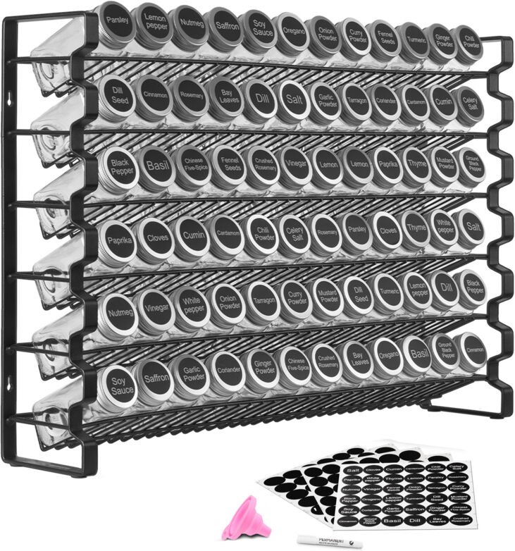 Mophorn 6-stöckiges Gewürzregal mit 72 leeren Gläsern, Trichter-Set und Etiketten – Organizer für Gewürze in Küche, Schr...
