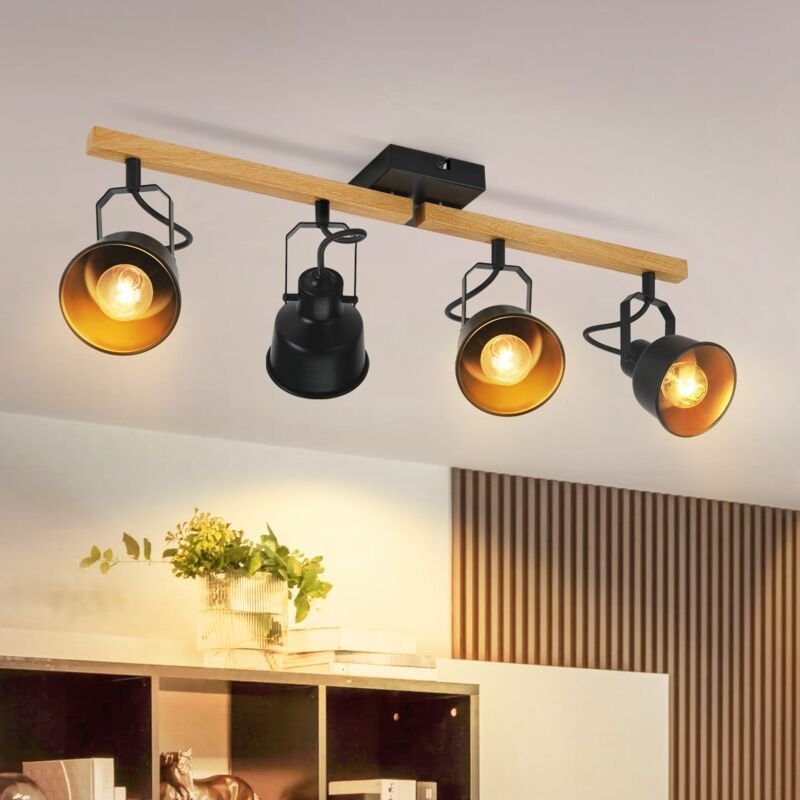 Gbly Deckenstrahler 4 Flammig Schwarz: Deckenlampe Vintage Schwenkbar 350° MAX.25W E14 Fassung Industrial Holzmaserung S...