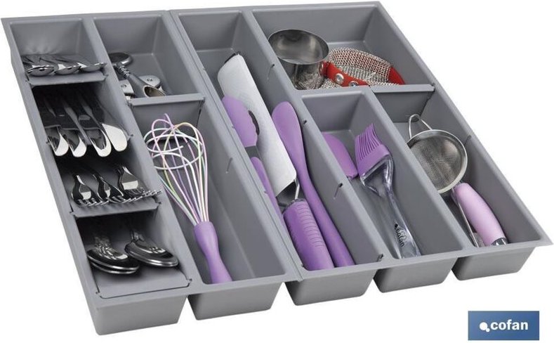Cofan - Besteck-Organizer mit 11 Fächern, 50 x 45 x 6,5 cm, graue Farbe