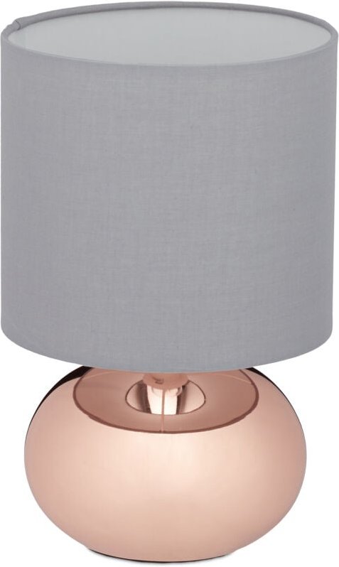 Tischlampe, Metallfuß & Stoffschirm, E14, HxD: 28x18 cm, Nachttischlampe mit Kabel, Schlafzimmer, kupfer/grau - Relaxday...
