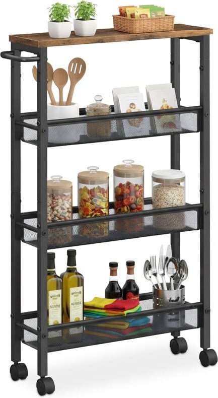 Relaxdays Nischenwagen, HBT: 77 x 13 x 45,5 cm, schmales Nischenregal Bad & Küche, 4 Ebenen, Metall, braun/schwarz