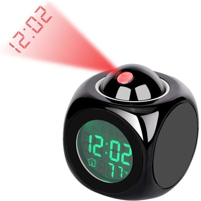 Reloj de proyección digital con alarma LED silenciosa, 12/24 h, control de voz, visualización de temperatura y función d...