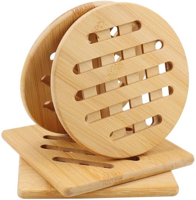 Set mit 4 Untersetzern aus Bambus, hitzebeständig, Untersetzer aus Naturholz für Teekannen, Schüsseln und Tischteller – ...