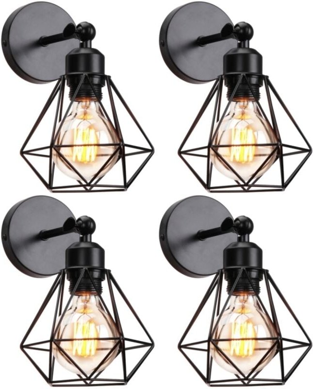 4 Stücke Industrial Vintage Wandleuchte Metall Käfig Wandlampe Verstellbare Deckenleuchte Schwarz Ø15,5cm