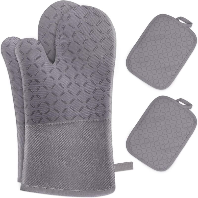 4er-Set Ofenhandschuhe/Topflappen – Hitzebeständige Ofenhandschuhe bis 300 °C, rutschfeste Silikonhandschuhe, weiche Bau...