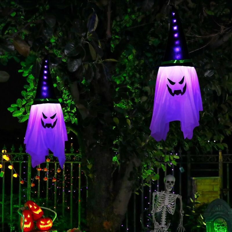 DOLASO Gruselige Halloween-Außendekoration – 2 Stück 1 m Geister- und Hexenhut, Halloween-Dekoration mit LED-Lichterkett...