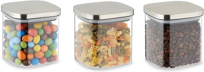 Glasbehälter mit Deckel, 3er-Set, 600 ml, quadratische Behälter, luftdicht, transparent/silber