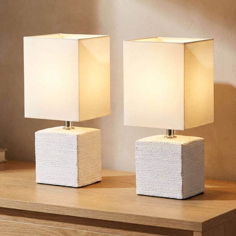 2er Set Tischleuchte Beistelllampe Stoffschirm Nachttischlampe Keramik Weiß Tischlampe mit Schnurschalter E14 Fassung Hö...
