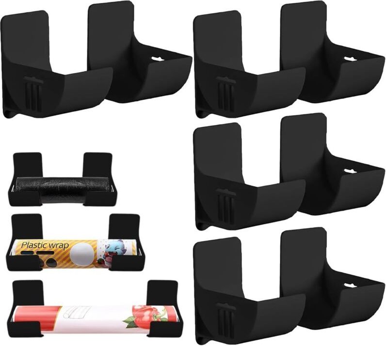 4 Paar Halter für Frischhaltefolie, selbstklebende Türablagen für Badezimmerschränke, Kühlschränke und Küchen, Schwarz