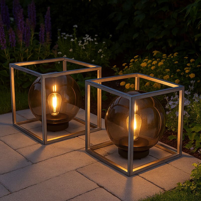 Solarleuchte Kugel Außenleuchte rauch Gartenleuchte Solarlampe, Würfel, nickel antik, led warmweiß, LxBxH 30x30x30 cm, 2...