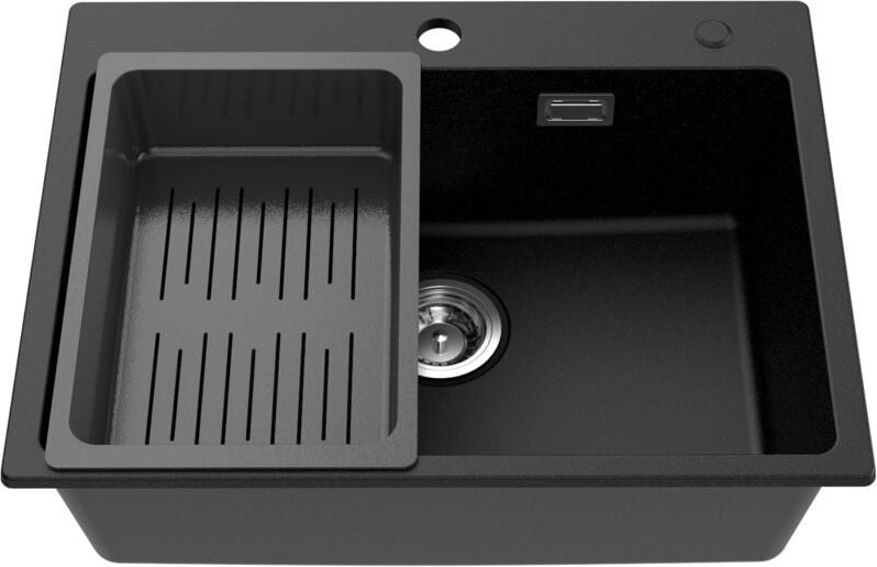 CECIPA Spülbecken Schwarz Granit 60 x 45 cm, Küchenspüle mit Siebkorb, Waschbecken Küche, Spüle Schwarz Granitspüle für ...