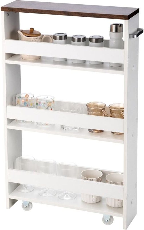Thumbnail - 4 Ebenen Nischenregal auf Rollen, Küchenwagen schmal, Badregal mit seitlichem Griff, aus Holz, 48 x 12,5 x 81 cm - Costw...