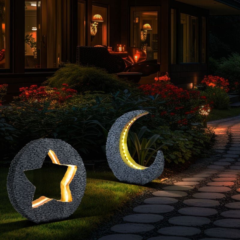 Led Solarleuchte Mond Außenleuchte Garten Solarlampe Stern Gartenlampe, IP44 Akku, Steinoptik grau Akzent goldfarben, 2e...