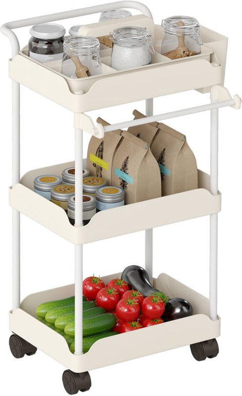 Aufbewahrungswagen, 3 Körbe, Handtuchhalter, Räder, Griff, Metallgestell, Weiß