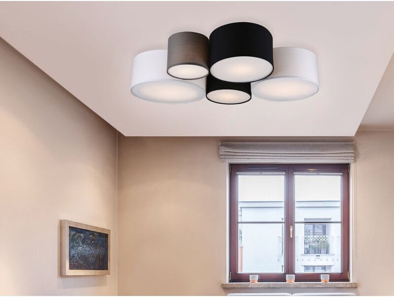 LED Deckenleuchte mit fünf Stoffschirmen mehrfarbig, Breite 90cm