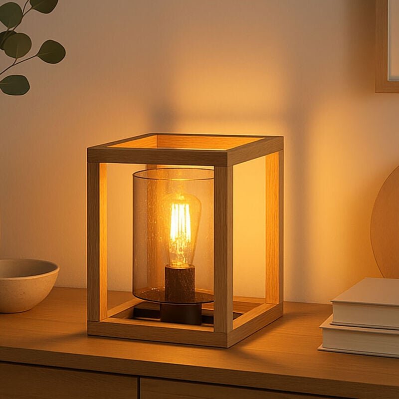 LED Tischlampe Rauchglas Tischleuchte schwarz Beistellleuchte Holz natur, Luftblasenoptik, 7W 806lm warmweiß, LxBxH 17x1...