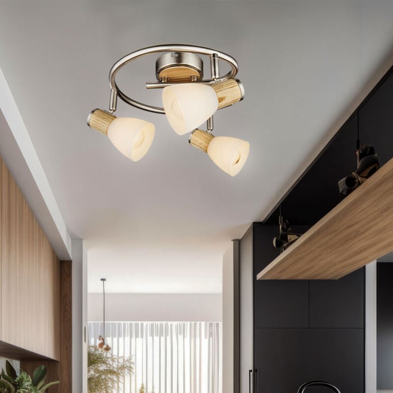 Thumbnail - Deckenlampe Deckenleuchte Spotleuchte Holzlampe Deckenstrahler, Spots beweglich 3 Flammig, Holz braun Metall Glas opal, ...