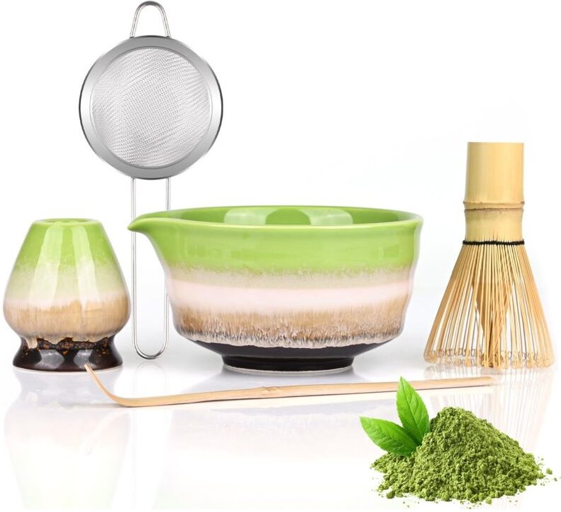 Matcha-Set, 5-teilig – bestehend aus Bambusbesen, Löffel, Sieb, 520-ml-Matchaschale und Ständer für Teezeremonie-Zubehör...