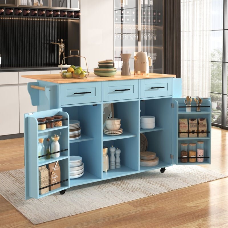 Großes Esszimmer-Servier-/Sideboard 139 x 46 (71) x 91,5 cm, blauer Korpus + Arbeitsplatte mit Massivholzmaserung, klapp...
