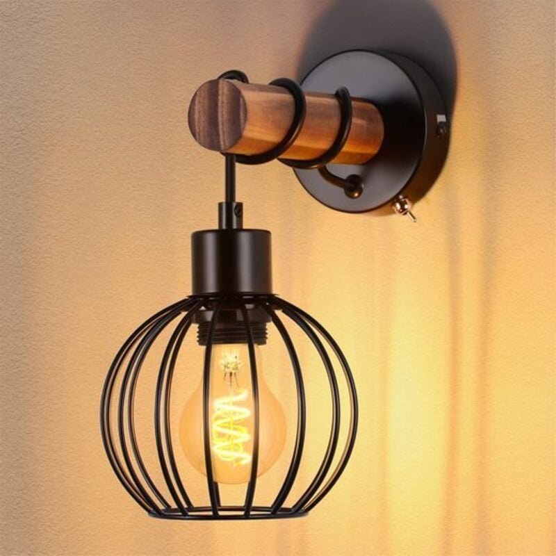 Wandleuchte Wohnzimmer Vintage Holz: Wandlampe mit Schalter Wandbeleuchtung Schwarz im industrial Design E27 Wandstrahle...